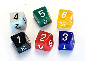 7-12 9 dice 1-10 Six Sided Dice: Sets of 3 x 3 each of: 1-6 