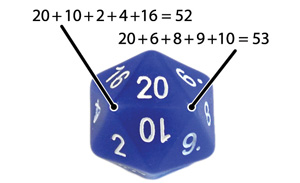 Photo of numerically-balanced d20 dice showing vertex sums