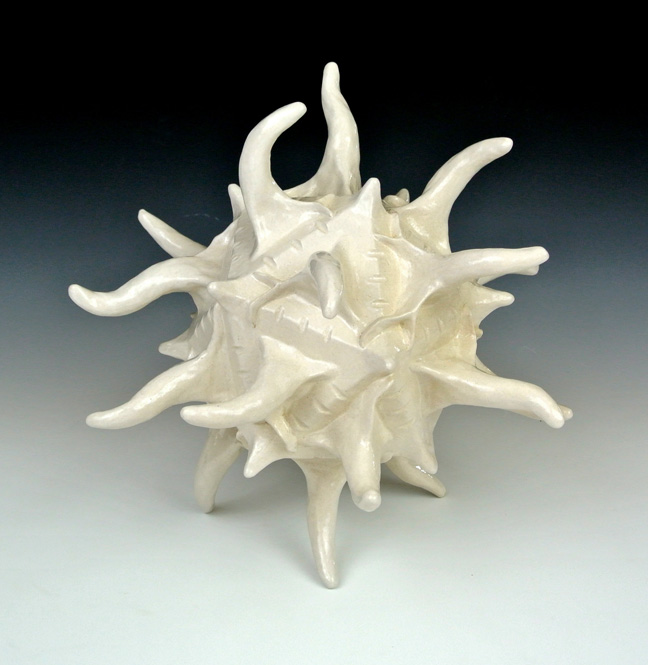 Ceramic sculpture of a biological polyhedral form, second view.