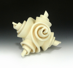 Abstract ceramic sculpture with raised spirals on a sphere, second view.