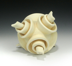 Abstract ceramic sculpture with raised spirals on a sphere, third view.
