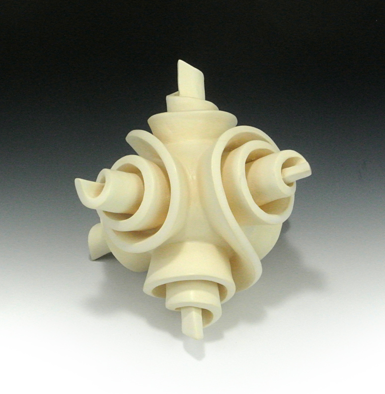 Abstract ceramic sculpture with raised spirals on a sphere.