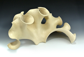 Organic-looking ceramic sculpture based on a fractal dragon curve, second view.