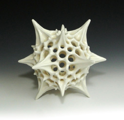 Organic-looking ceramic sculpture based on a crosses fractal, third view.