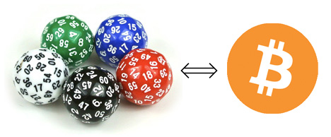 Sixty-sided dice and the Bitcoin logo